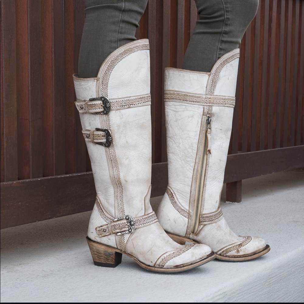 Lane ‘Sakes Alive’ Women's White Leather Knee-High Heeled Boots